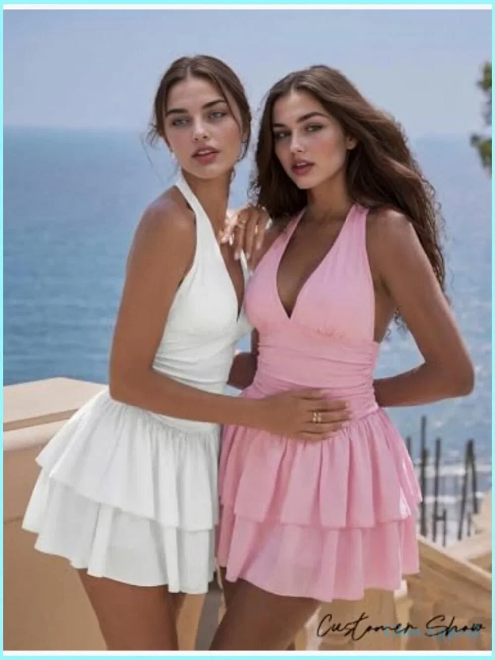 V Neck Ruffle Hem Mini Dress Ruched Waist Halter Backless Party